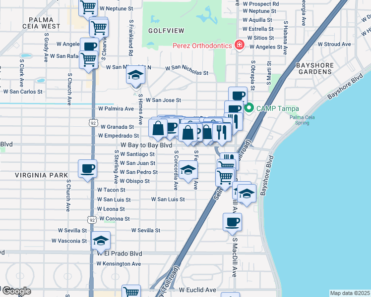 map of restaurants, bars, coffee shops, grocery stores, and more near 3320 West Bay to Bay Boulevard in Tampa