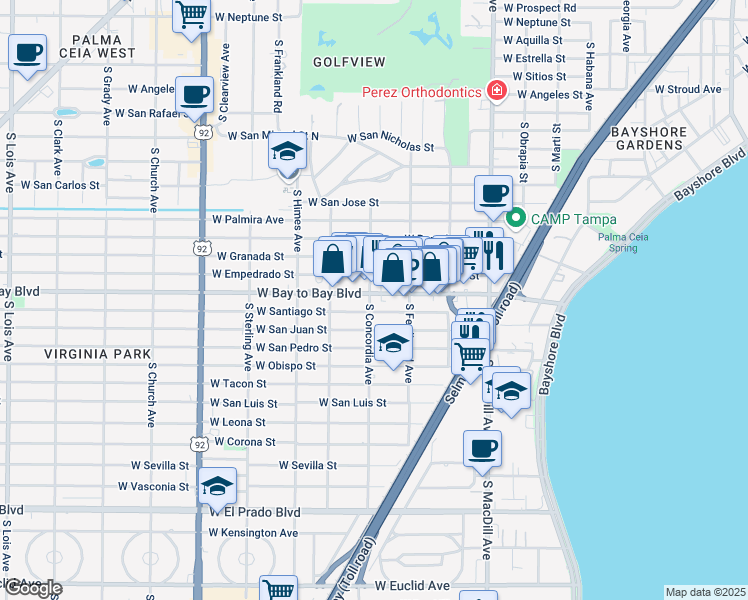 map of restaurants, bars, coffee shops, grocery stores, and more near 3320 West Bay to Bay Boulevard in Tampa