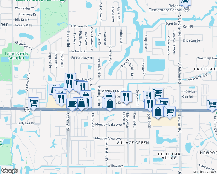 map of restaurants, bars, coffee shops, grocery stores, and more near 2972 Huntington Drive in Largo