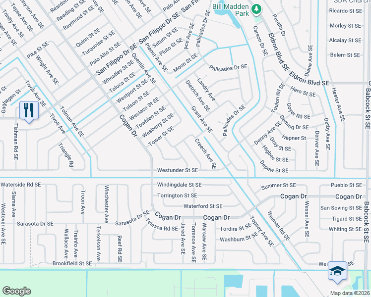 map of restaurants, bars, coffee shops, grocery stores, and more near 2922 Wilkinson Avenue Southeast in Palm Bay