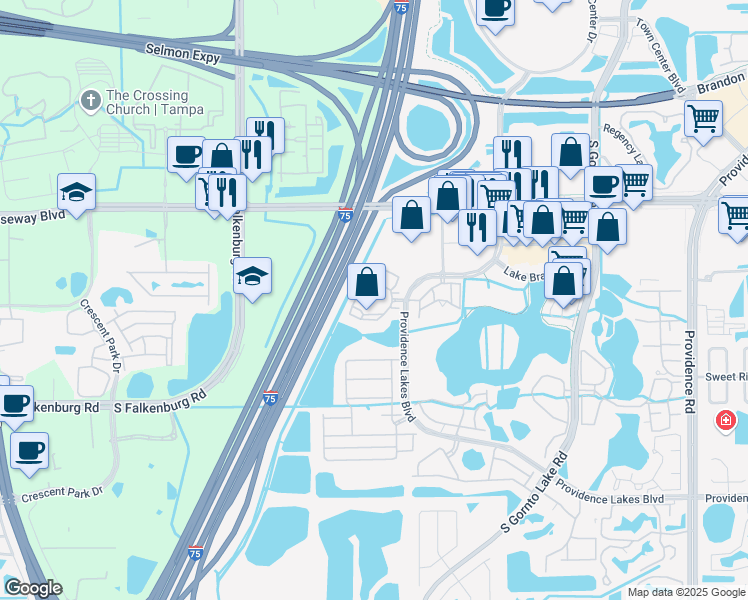map of restaurants, bars, coffee shops, grocery stores, and more near 1151 Courtney Trace Drive in Brandon