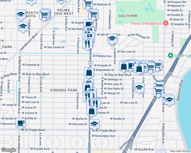map of restaurants, bars, coffee shops, grocery stores, and more near 3708 West Bay to Bay Boulevard in Tampa