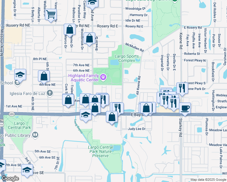 map of restaurants, bars, coffee shops, grocery stores, and more near 221 Lake Avenue Northeast in Largo