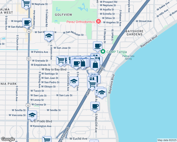 map of restaurants, bars, coffee shops, grocery stores, and more near 3200 West Bay to Bay Boulevard in Tampa