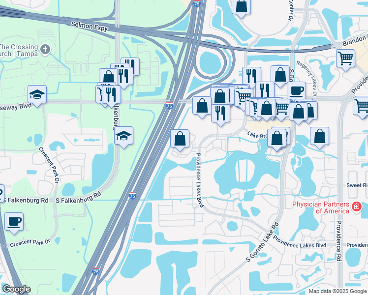 map of restaurants, bars, coffee shops, grocery stores, and more near 1151 Courtney Trace Drive in Brandon