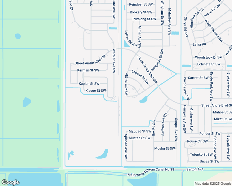 map of restaurants, bars, coffee shops, grocery stores, and more near 3079 Warbler Avenue Southwest in Palm Bay