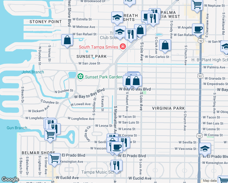 map of restaurants, bars, coffee shops, grocery stores, and more near 3001 South Manhattan Avenue in Tampa