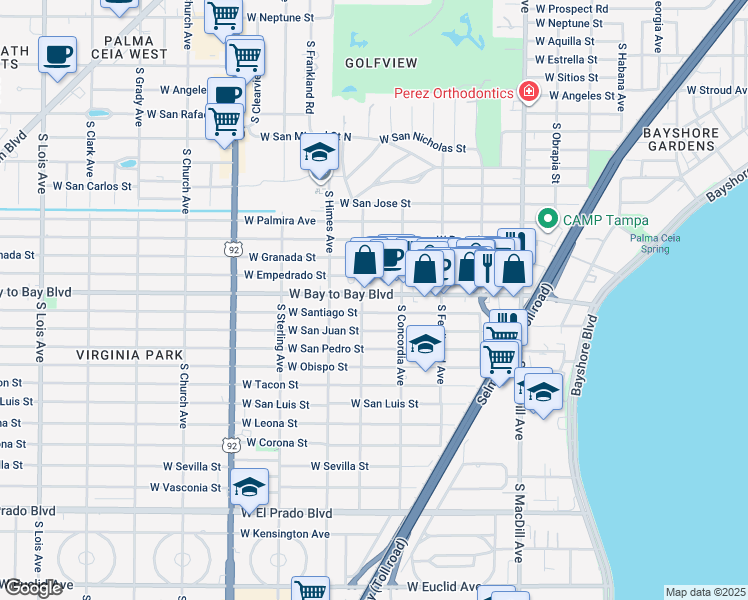 map of restaurants, bars, coffee shops, grocery stores, and more near 3414 West Bay to Bay Boulevard in Tampa