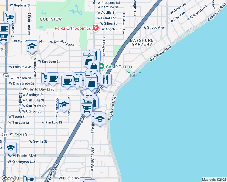 map of restaurants, bars, coffee shops, grocery stores, and more near in Tampa