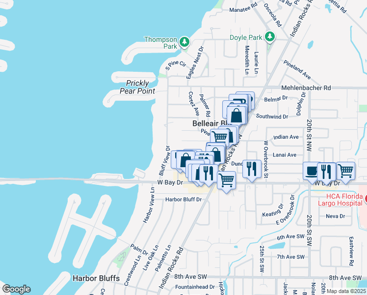 map of restaurants, bars, coffee shops, grocery stores, and more near 3067 Los Gatos Drive in Belleair Bluffs