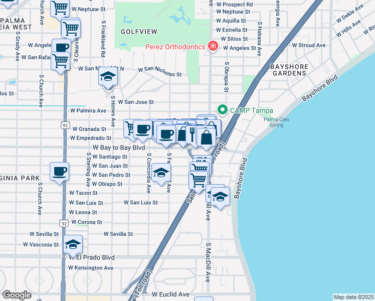 map of restaurants, bars, coffee shops, grocery stores, and more near 3200 West Bay to Bay Boulevard in Tampa