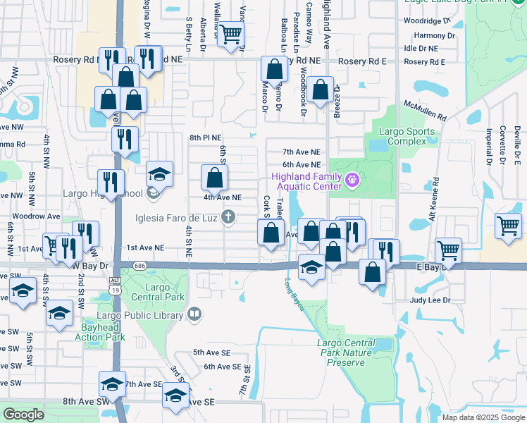 map of restaurants, bars, coffee shops, grocery stores, and more near 311 Cork Street in Largo
