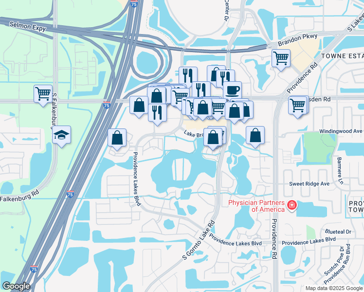 map of restaurants, bars, coffee shops, grocery stores, and more near 11151 Lake Brandon Drive in Brandon