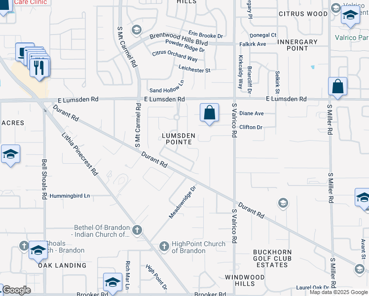 map of restaurants, bars, coffee shops, grocery stores, and more near 1122 Split Silk Street in Valrico