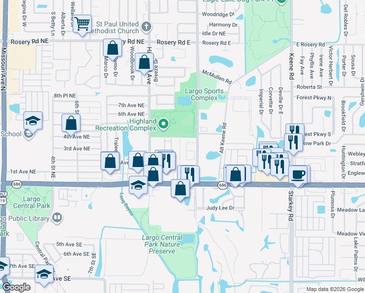 map of restaurants, bars, coffee shops, grocery stores, and more near 341 Wertz Drive in Largo