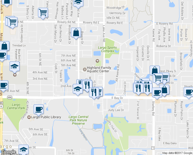 map of restaurants, bars, coffee shops, grocery stores, and more near 221 Lake Avenue Northeast in Largo