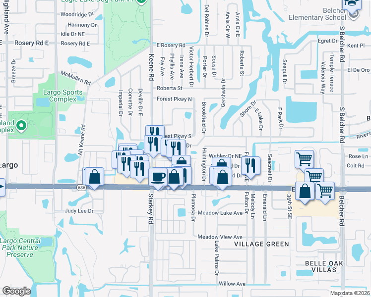 map of restaurants, bars, coffee shops, grocery stores, and more near 2696 Keene Park Dr in Largo