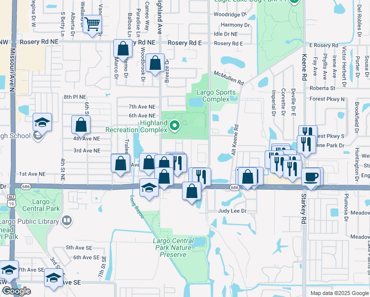 map of restaurants, bars, coffee shops, grocery stores, and more near 305 Mindy Drive in Largo