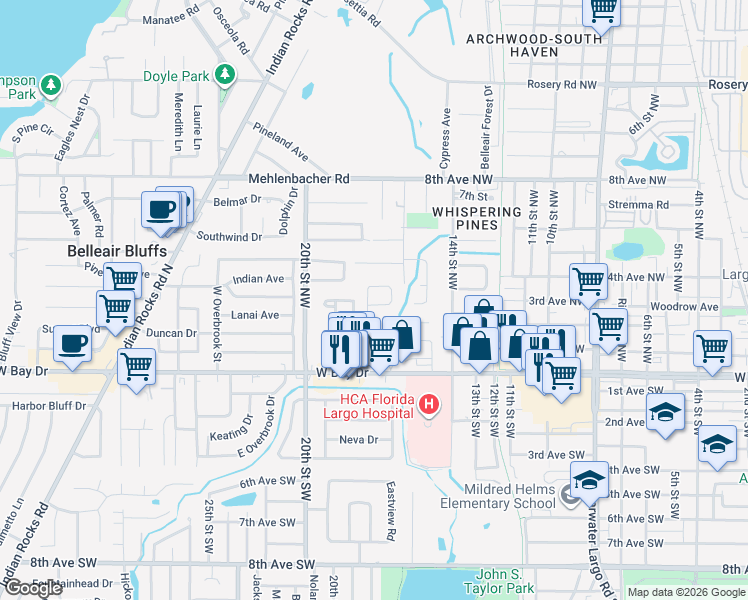 map of restaurants, bars, coffee shops, grocery stores, and more near 315 Velma Drive South in Largo