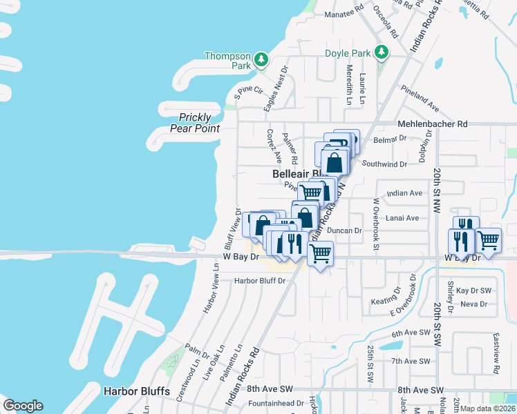 map of restaurants, bars, coffee shops, grocery stores, and more near 3067 Los Gatos Drive in Belleair Bluffs