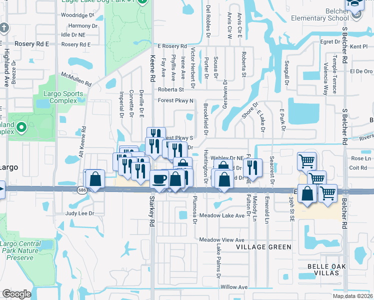 map of restaurants, bars, coffee shops, grocery stores, and more near 2696 Keene Park Drive in Largo