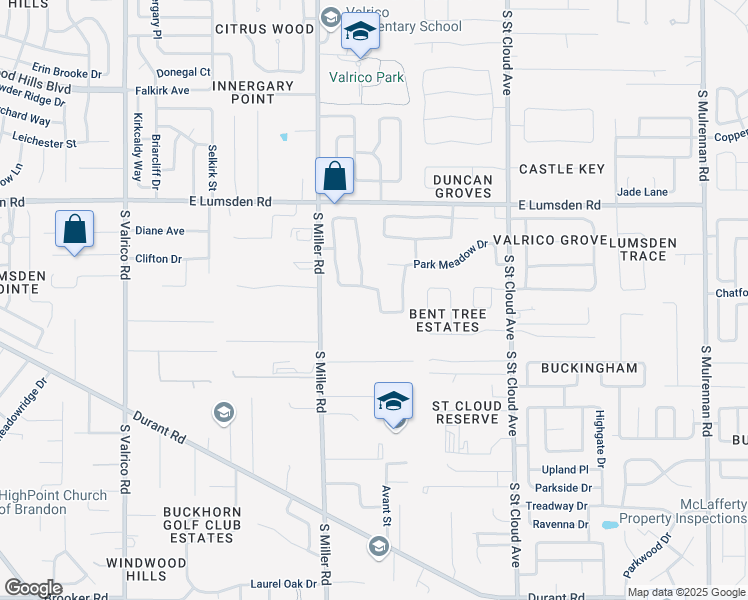 map of restaurants, bars, coffee shops, grocery stores, and more near 1210 Carriage Park Drive in Valrico