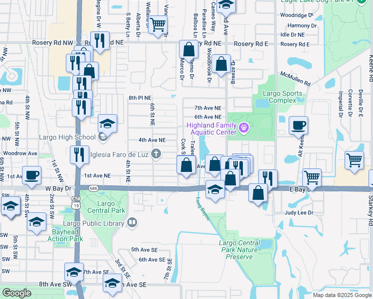 map of restaurants, bars, coffee shops, grocery stores, and more near 311 Cork Street in Largo