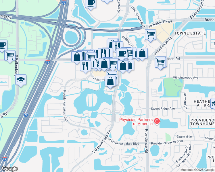 map of restaurants, bars, coffee shops, grocery stores, and more near 1127 Nikki View Drive in Brandon