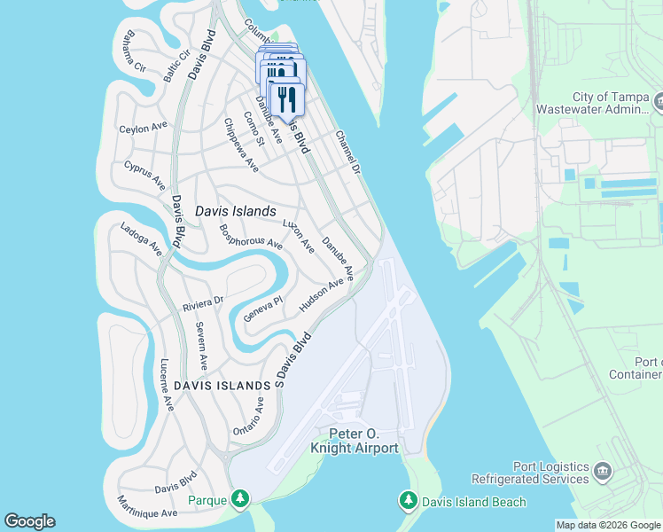 map of restaurants, bars, coffee shops, grocery stores, and more near 630 Danube Avenue in Tampa