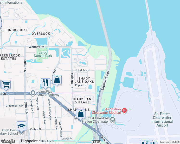map of restaurants, bars, coffee shops, grocery stores, and more near 84 Oak Lane in Clearwater