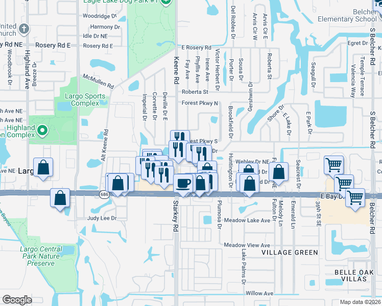 map of restaurants, bars, coffee shops, grocery stores, and more near 2554 Keene Park Drive in Largo