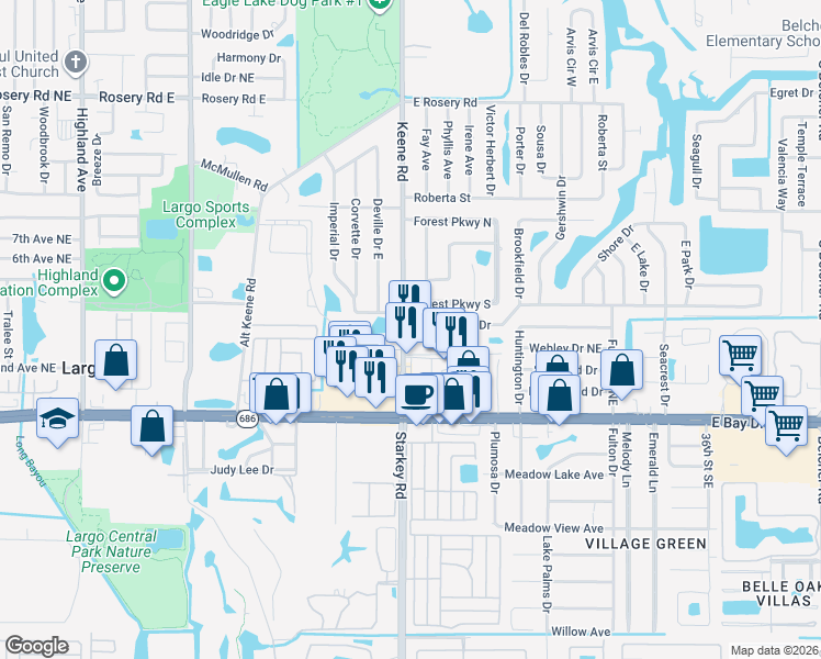 map of restaurants, bars, coffee shops, grocery stores, and more near 297 Keene Road in Largo