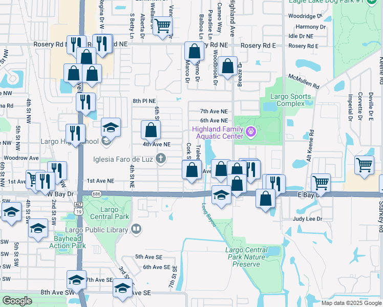 map of restaurants, bars, coffee shops, grocery stores, and more near 311 Cork Street in Largo