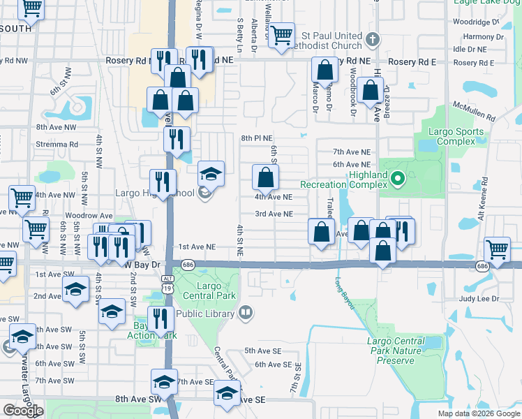 map of restaurants, bars, coffee shops, grocery stores, and more near 516 3rd Avenue Northeast in Largo