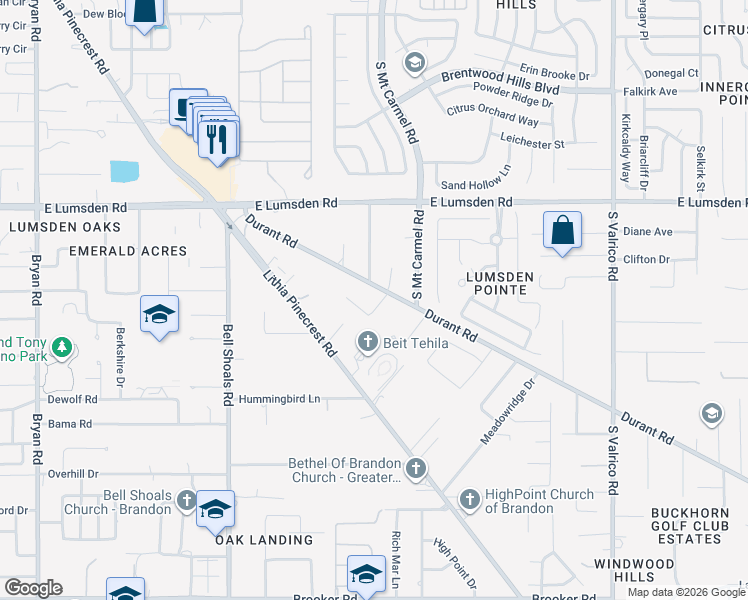 map of restaurants, bars, coffee shops, grocery stores, and more near 1517 Loretta Court in Brandon