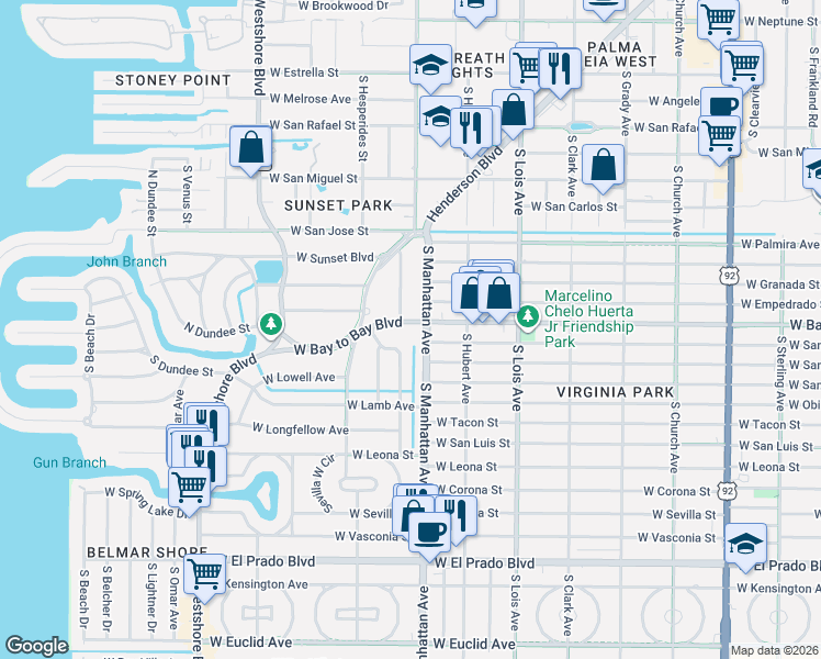 map of restaurants, bars, coffee shops, grocery stores, and more near 3001 South Manhattan Avenue in Tampa