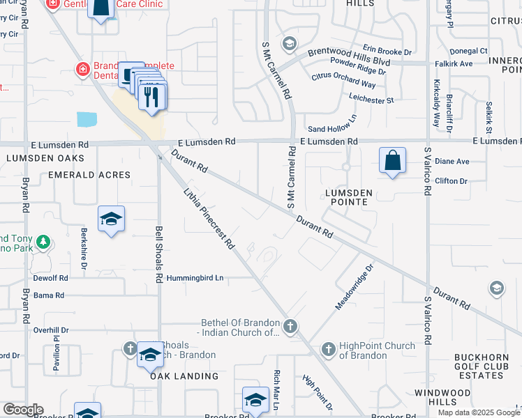 map of restaurants, bars, coffee shops, grocery stores, and more near 1517 Loretta Court in Brandon