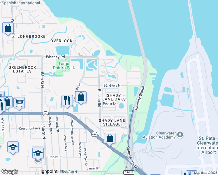 map of restaurants, bars, coffee shops, grocery stores, and more near 76 Oak Lane in Clearwater