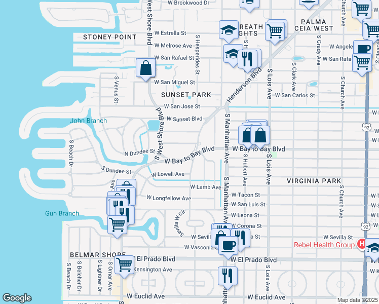 map of restaurants, bars, coffee shops, grocery stores, and more near 4603 West Bay to Bay Boulevard in Tampa