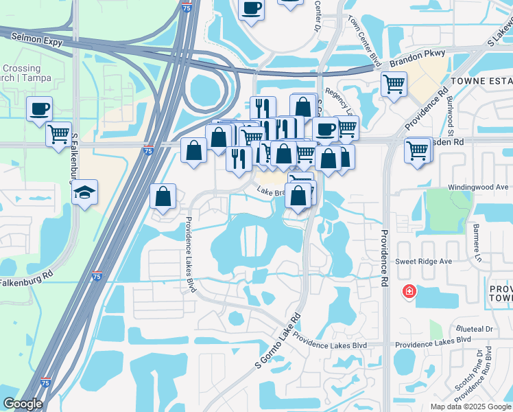 map of restaurants, bars, coffee shops, grocery stores, and more near 11151 Lake Brandon Drive in Brandon