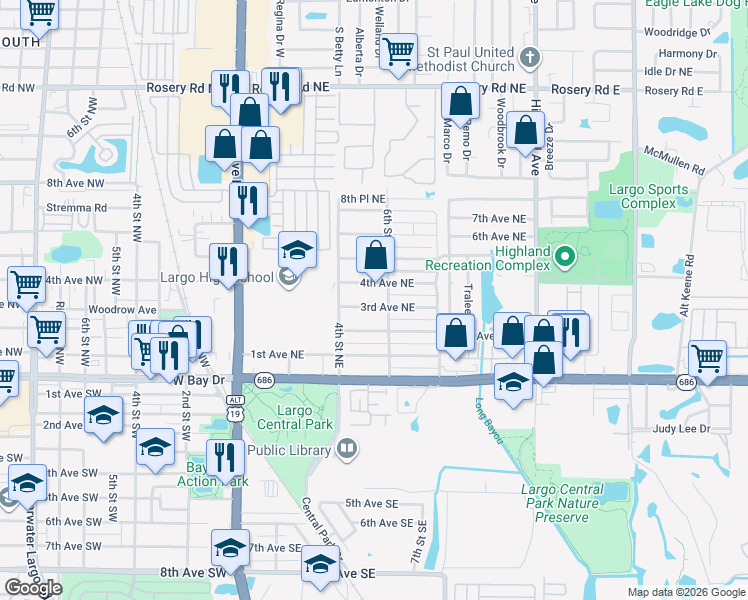 map of restaurants, bars, coffee shops, grocery stores, and more near 516 3rd Avenue Northeast in Largo