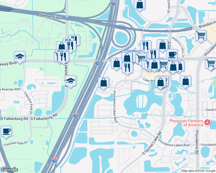 map of restaurants, bars, coffee shops, grocery stores, and more near 1131 Courtney Trace Drive in Brandon