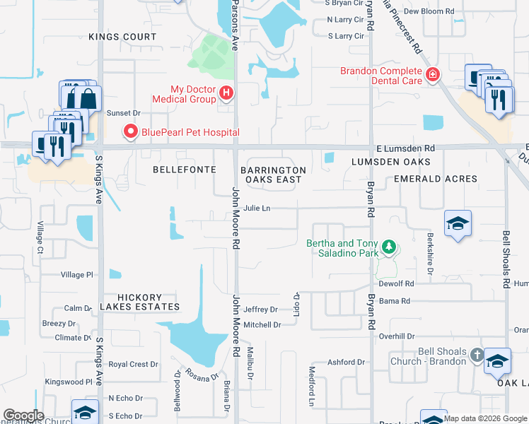 map of restaurants, bars, coffee shops, grocery stores, and more near 111 Julie Lane in Brandon