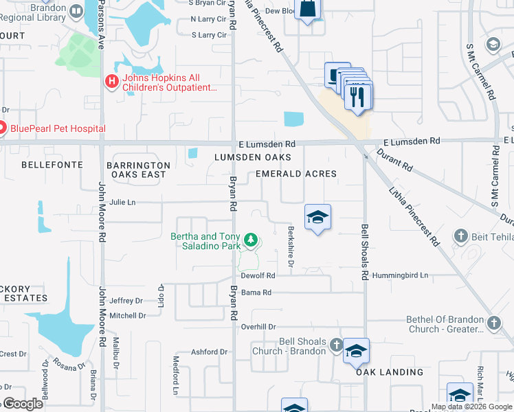 map of restaurants, bars, coffee shops, grocery stores, and more near 605 Julie Lane in Brandon