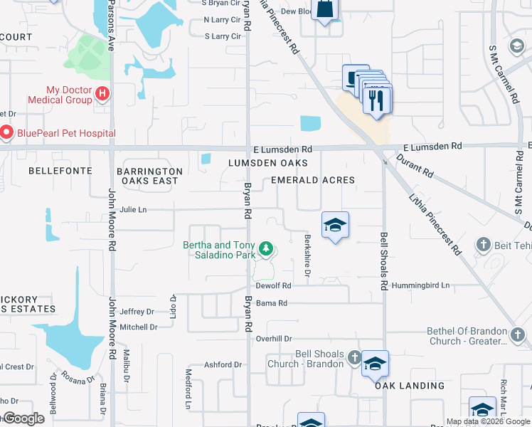 map of restaurants, bars, coffee shops, grocery stores, and more near 605 Julie Ln in Brandon