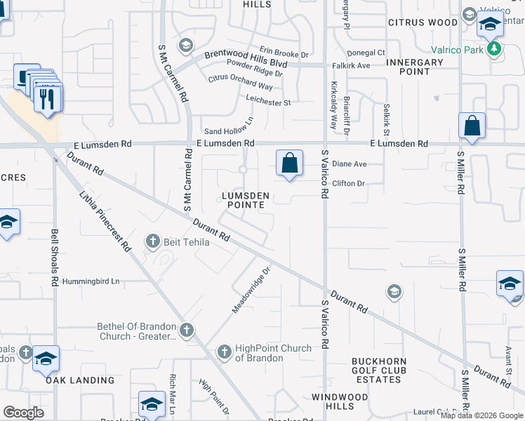 map of restaurants, bars, coffee shops, grocery stores, and more near 1121 Split Silk Street in Valrico