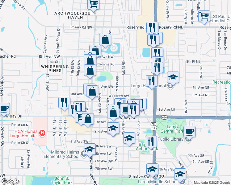 map of restaurants, bars, coffee shops, grocery stores, and more near 406 Woodrow Avenue in Largo