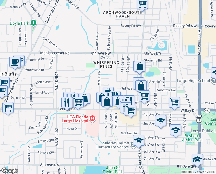 map of restaurants, bars, coffee shops, grocery stores, and more near 14 Bellemeade Circle in Largo