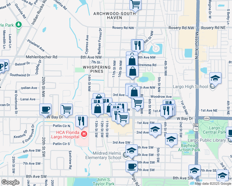 map of restaurants, bars, coffee shops, grocery stores, and more near 1012 3rd Avenue Northwest in Largo