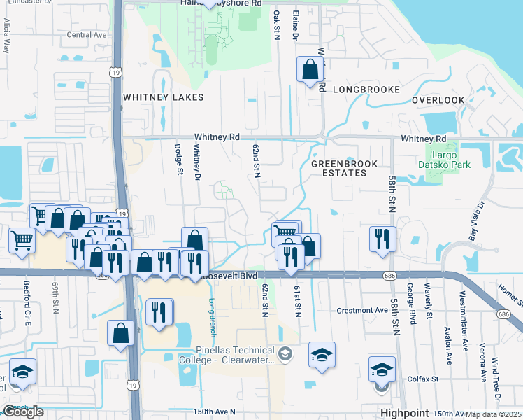 map of restaurants, bars, coffee shops, grocery stores, and more near 6111 62nd Street North in Clearwater